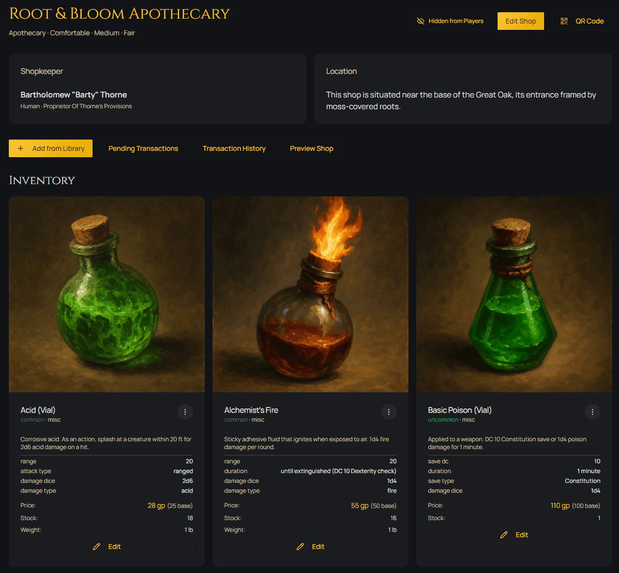 The Root & Bloom Apothecary shop page — item art with prices