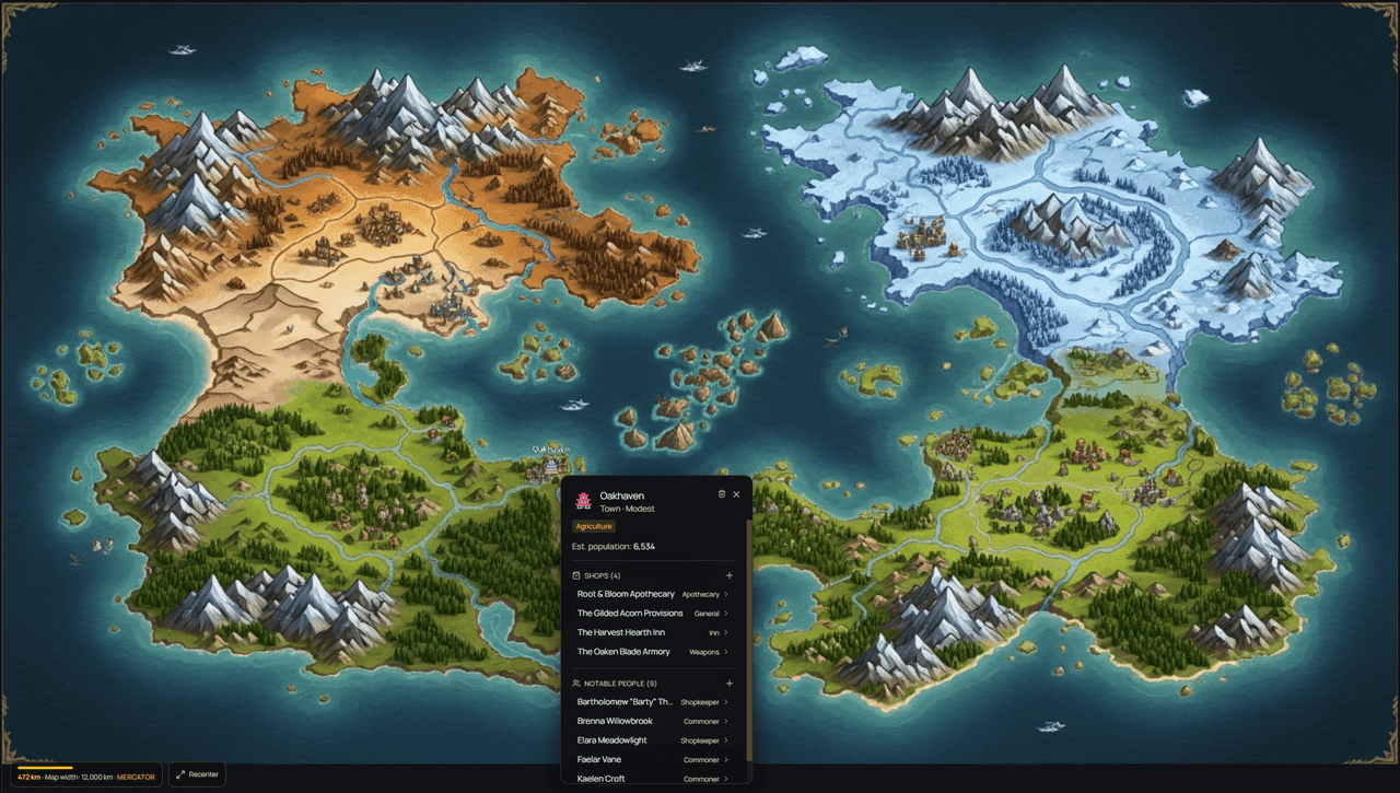 The Oakhaven town card open on the map — its shops and notable people listed