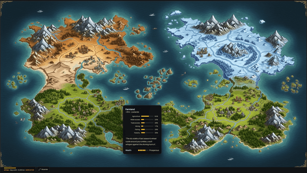 The Shadowed Descent — a full world map with terrain, towns, and a live economy hover
